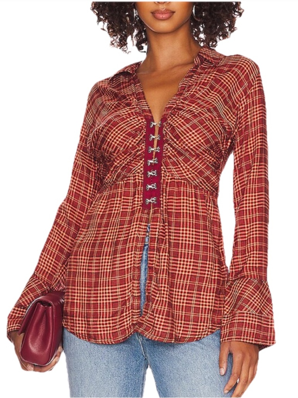 We The Free Catalina Remade Plaid Long Sleeve Top Size Small Flowy Festival Boho